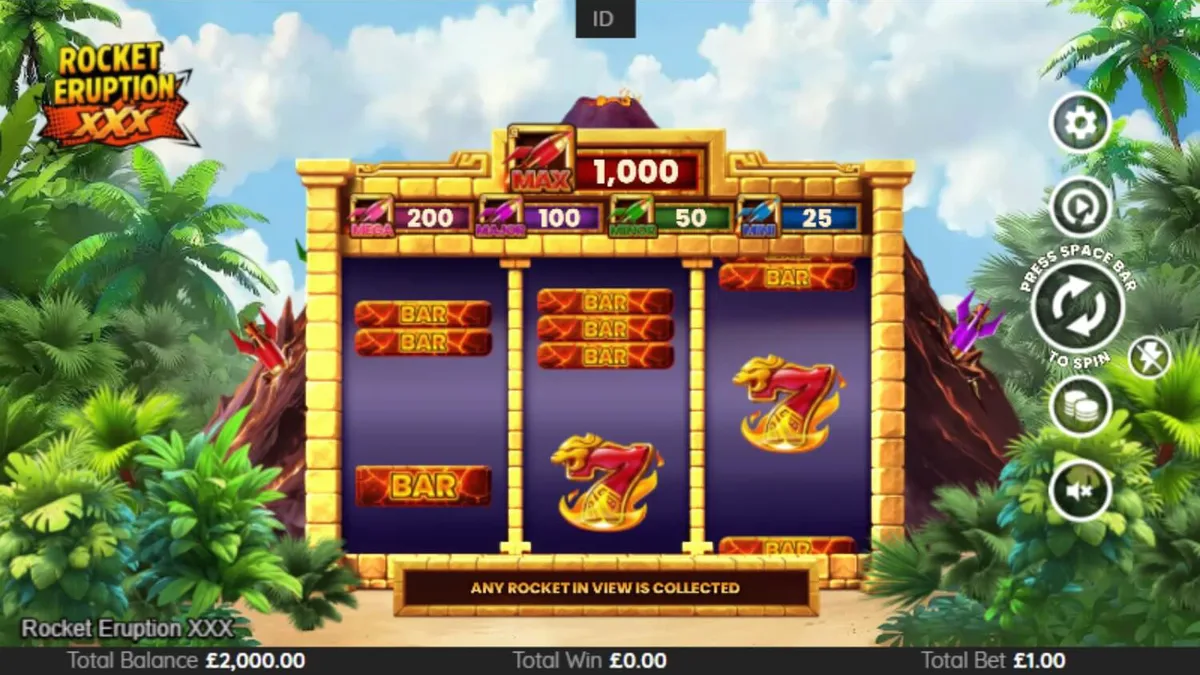Interface do jogo de slot Rocket Eruption XXX com elementos vulcânicos e retrô